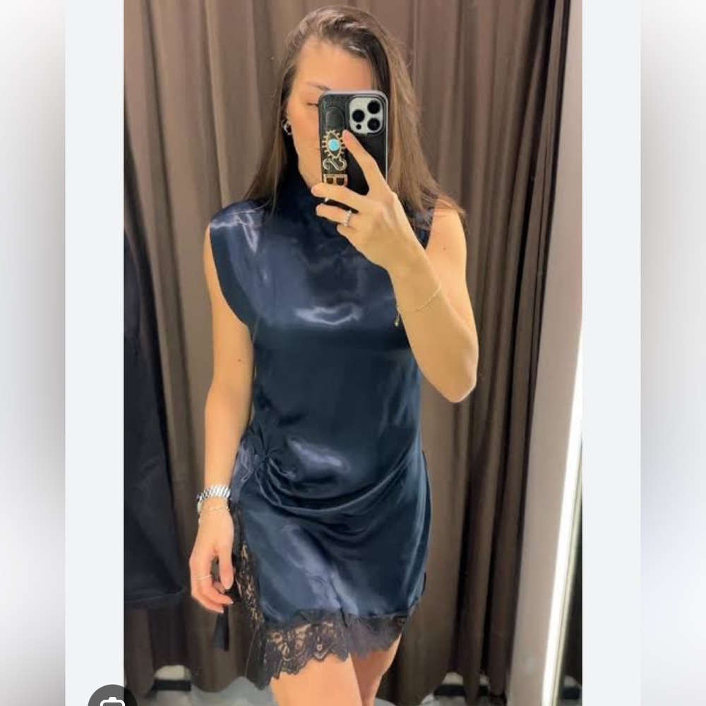 ZARA COMBINATION SATIN EFFECT LACE MINI DRESS - Picture 2 of 11